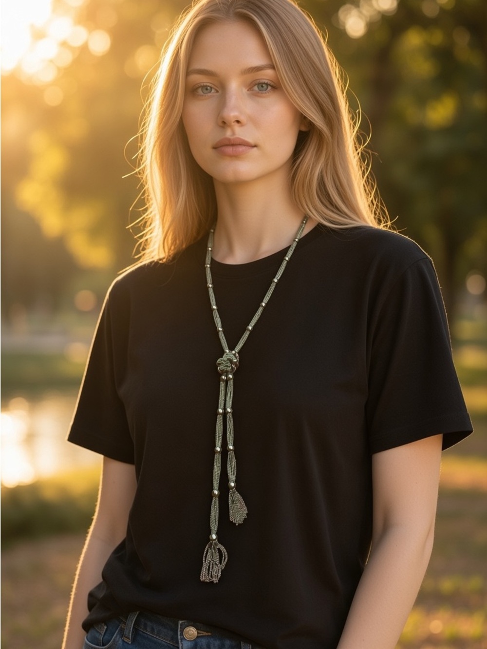 Chico's Silver-Tone Multi-Strand Chain Lariat Necklace with Knot & Tassel Ends